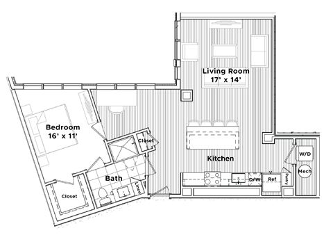 Floor plan for 1 bed, 1 bath, 882 sqft